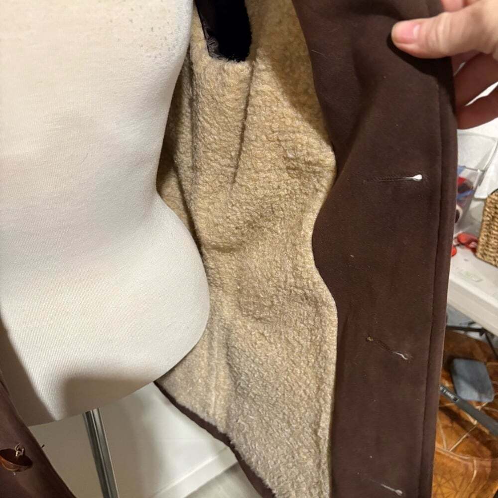 Vintage Brown Faux Suede Sherpa Lined Chore Coat 70s Western / Farm/Rodeo - Picture 5 of 7